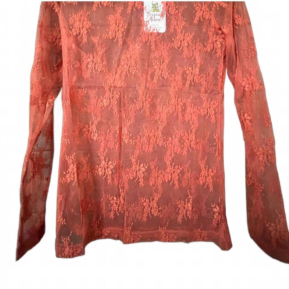 NEW TURQUOISE HAVEN women's sheer mesh with embroidered lace overlay top in rust
